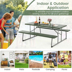 8 Person 6FT Folding Picnic Table Bench Set, All-Weather HDPE Outdoor Dining Table with Umbrella Hole & Heavy Duty Metal Frame for Patio Yard