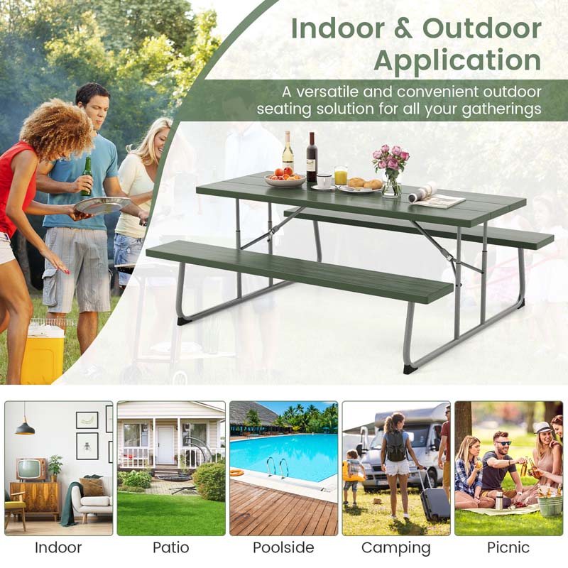 8 Person 6FT Folding Picnic Table Bench Set, All-Weather HDPE Outdoor Dining Table with Umbrella Hole & Heavy Duty Metal Frame for Patio Yard