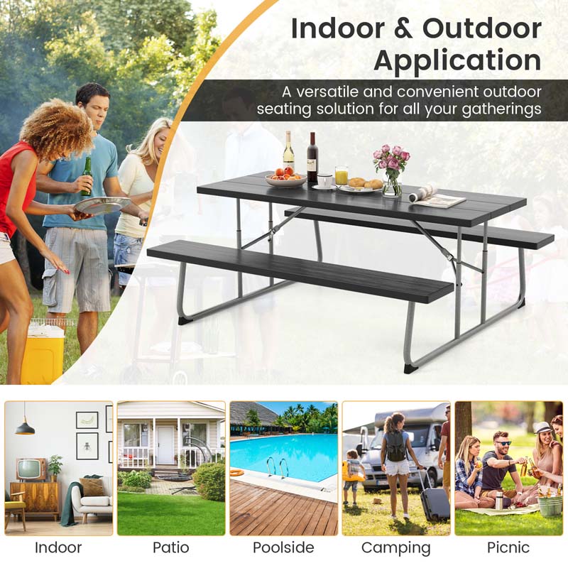 8 Person 6FT Folding Picnic Table Bench Set, All-Weather HDPE Outdoor Dining Table with Umbrella Hole & Heavy Duty Metal Frame for Patio Yard