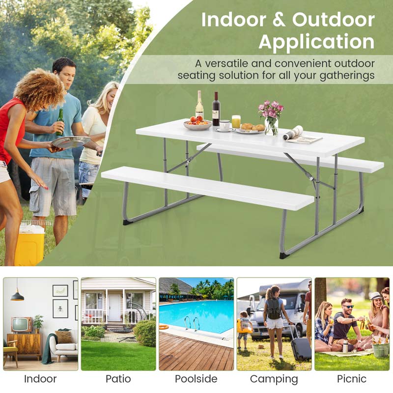 8 Person 6FT Folding Picnic Table Bench Set, All-Weather HDPE Outdoor Dining Table with Umbrella Hole & Heavy Duty Metal Frame for Patio Yard