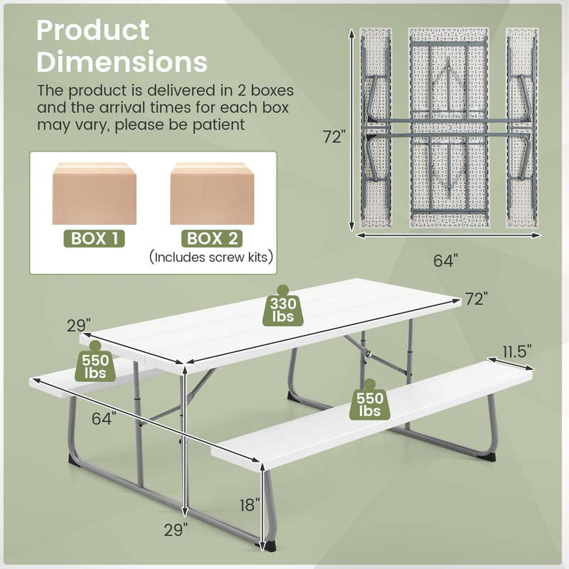 8 Person 6FT Folding Picnic Table Bench Set, All-Weather HDPE Outdoor Dining Table with Umbrella Hole & Heavy Duty Metal Frame for Patio Yard