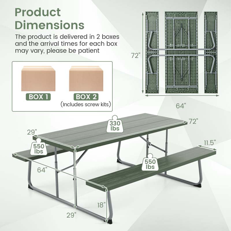 8 Person 6FT Folding Picnic Table Bench Set, All-Weather HDPE Outdoor Dining Table with Umbrella Hole & Heavy Duty Metal Frame for Patio Yard