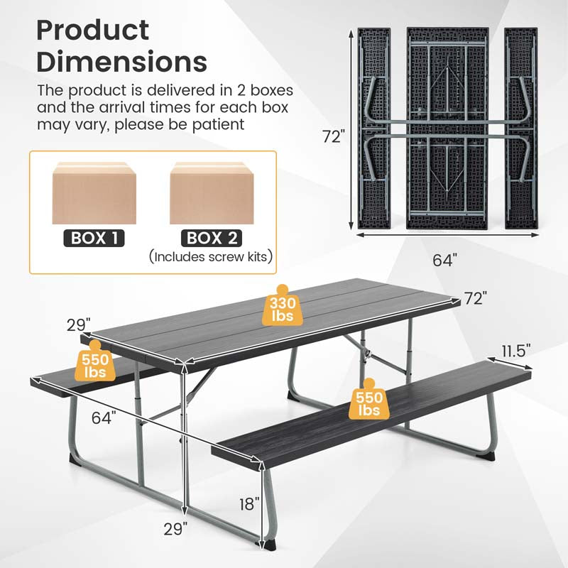 8 Person 6FT Folding Picnic Table Bench Set, All-Weather HDPE Outdoor Dining Table with Umbrella Hole & Heavy Duty Metal Frame for Patio Yard