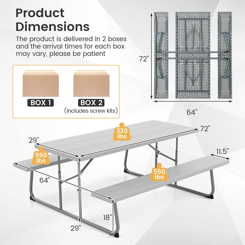 8 Person 6FT Folding Picnic Table Bench Set, All-Weather HDPE Outdoor Dining Table with Umbrella Hole & Heavy Duty Metal Frame for Patio Yard