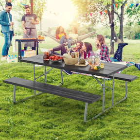 8 Person 6FT Folding Picnic Table Bench Set, All-Weather HDPE Outdoor Dining Table with Umbrella Hole & Heavy Duty Metal Frame for Patio Yard