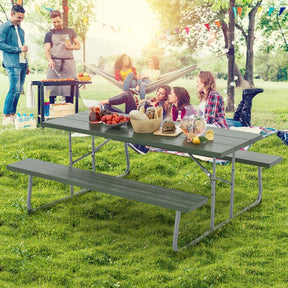 8 Person 6FT Folding Picnic Table Bench Set, All-Weather HDPE Outdoor Dining Table with Umbrella Hole & Heavy Duty Metal Frame for Patio Yard