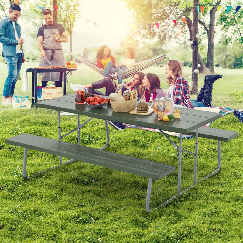 8 Person 6FT Folding Picnic Table Bench Set, All-Weather HDPE Outdoor Dining Table with Umbrella Hole & Heavy Duty Metal Frame for Patio Yard