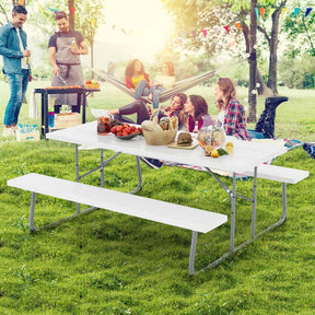 8 Person 6FT Folding Picnic Table Bench Set, All-Weather HDPE Outdoor Dining Table with Umbrella Hole & Heavy Duty Metal Frame for Patio Yard