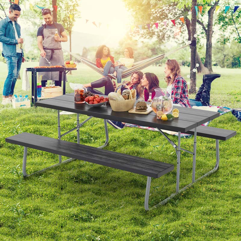 8 Person 6FT Folding Picnic Table Bench Set, All-Weather HDPE Outdoor Dining Table with Umbrella Hole & Heavy Duty Metal Frame for Patio Yard