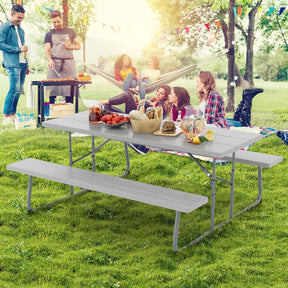 8 Person 6FT Folding Picnic Table Bench Set, All-Weather HDPE Outdoor Dining Table with Umbrella Hole & Heavy Duty Metal Frame for Patio Yard