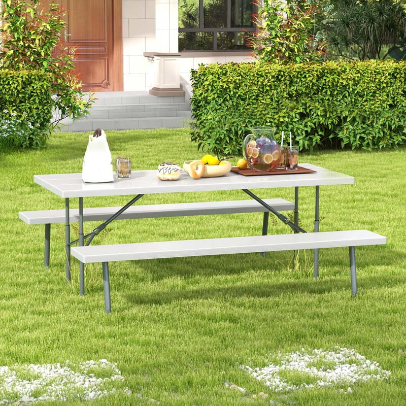 8 Person 6FT Folding Picnic Table Bench Set, All-Weather HDPE Outdoor Dining Table with Umbrella Hole & Heavy Duty Metal Frame for Patio Yard