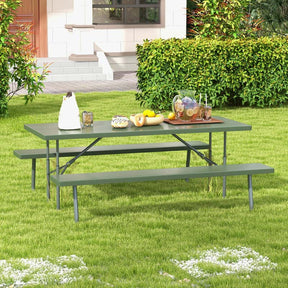 8 Person 6FT Folding Picnic Table Bench Set, All-Weather HDPE Outdoor Dining Table with Umbrella Hole & Heavy Duty Metal Frame for Patio Yard