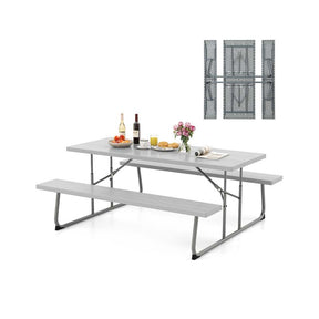 8 Person 6FT Folding Picnic Table Bench Set, All-Weather HDPE Outdoor Dining Table with Umbrella Hole & Heavy Duty Metal Frame for Patio Yard
