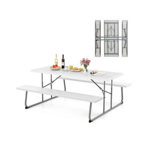 8 Person 6FT Folding Picnic Table Bench Set, All-Weather HDPE Outdoor Dining Table with Umbrella Hole & Heavy Duty Metal Frame for Patio Yard