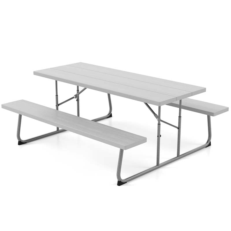 8 Person 6FT Folding Picnic Table Bench Set, All-Weather HDPE Outdoor Dining Table with Umbrella Hole & Heavy Duty Metal Frame for Patio Yard