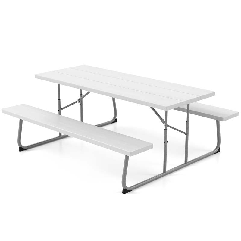 8 Person 6FT Folding Picnic Table Bench Set, All-Weather HDPE Outdoor Dining Table with Umbrella Hole & Heavy Duty Metal Frame for Patio Yard