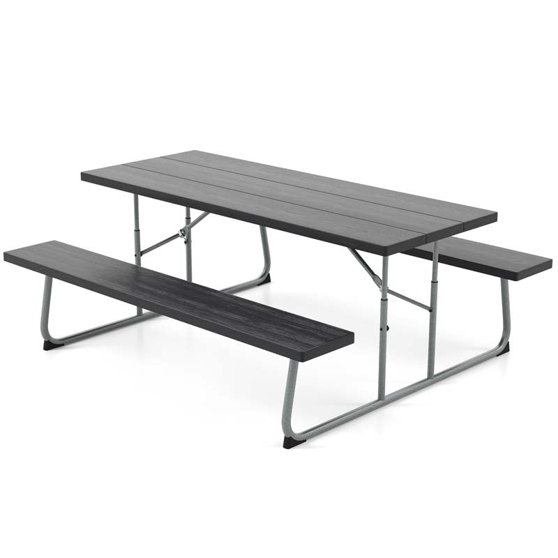 8 Person 6FT Folding Picnic Table Bench Set, All-Weather HDPE Outdoor Dining Table with Umbrella Hole & Heavy Duty Metal Frame for Patio Yard
