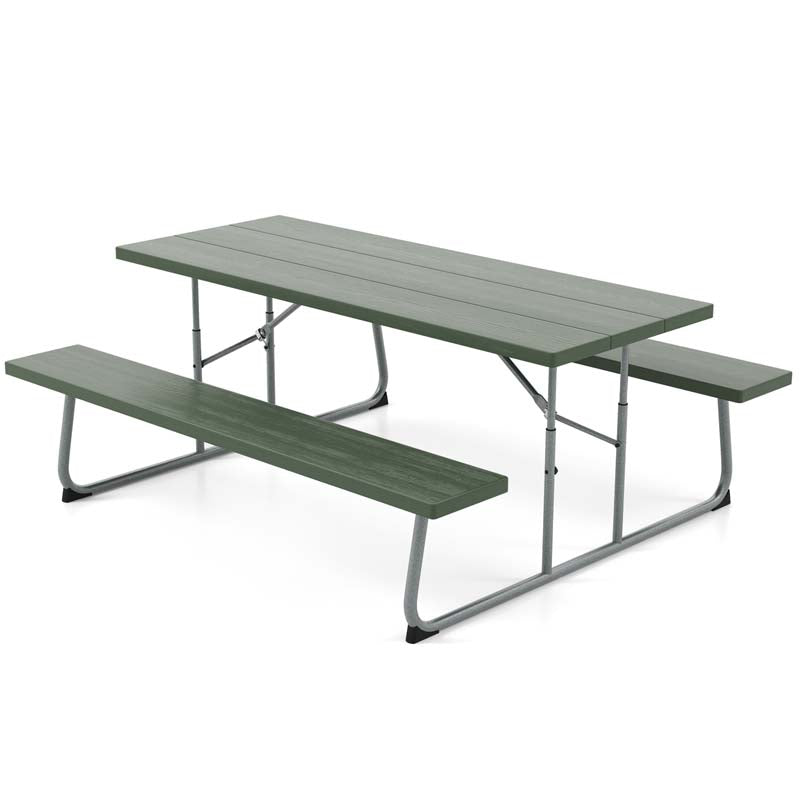 8 Person 6FT Folding Picnic Table Bench Set, All-Weather HDPE Outdoor Dining Table with Umbrella Hole & Heavy Duty Metal Frame for Patio Yard