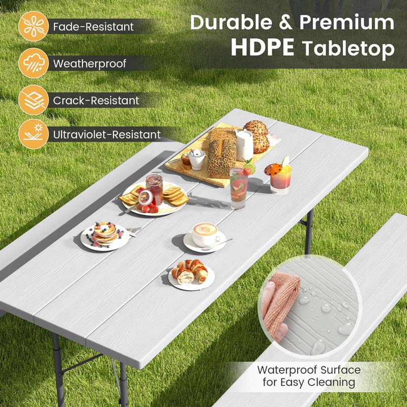 8 Person 6FT Folding Picnic Table Bench Set, All-Weather HDPE Outdoor Dining Table with Umbrella Hole & Heavy Duty Metal Frame for Patio Yard