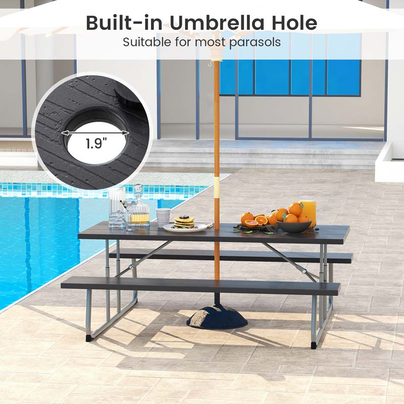 8 Person 6FT Folding Picnic Table Bench Set, All-Weather HDPE Outdoor Dining Table with Umbrella Hole & Heavy Duty Metal Frame for Patio Yard
