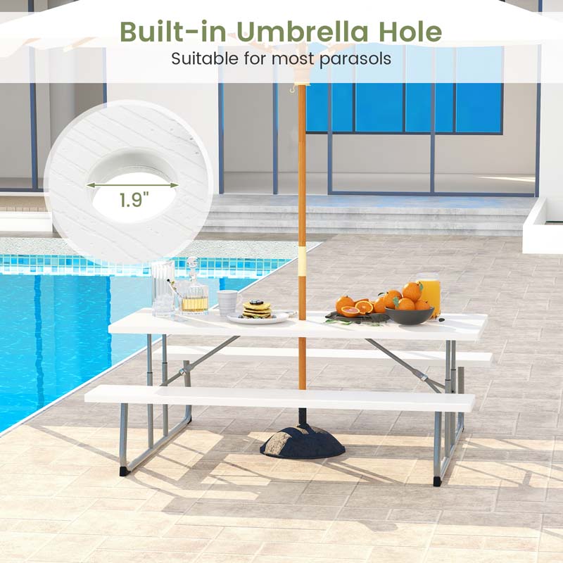8 Person 6FT Folding Picnic Table Bench Set, All-Weather HDPE Outdoor Dining Table with Umbrella Hole & Heavy Duty Metal Frame for Patio Yard