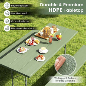8 Person 6FT Folding Picnic Table Bench Set, All-Weather HDPE Outdoor Dining Table with Umbrella Hole & Heavy Duty Metal Frame for Patio Yard