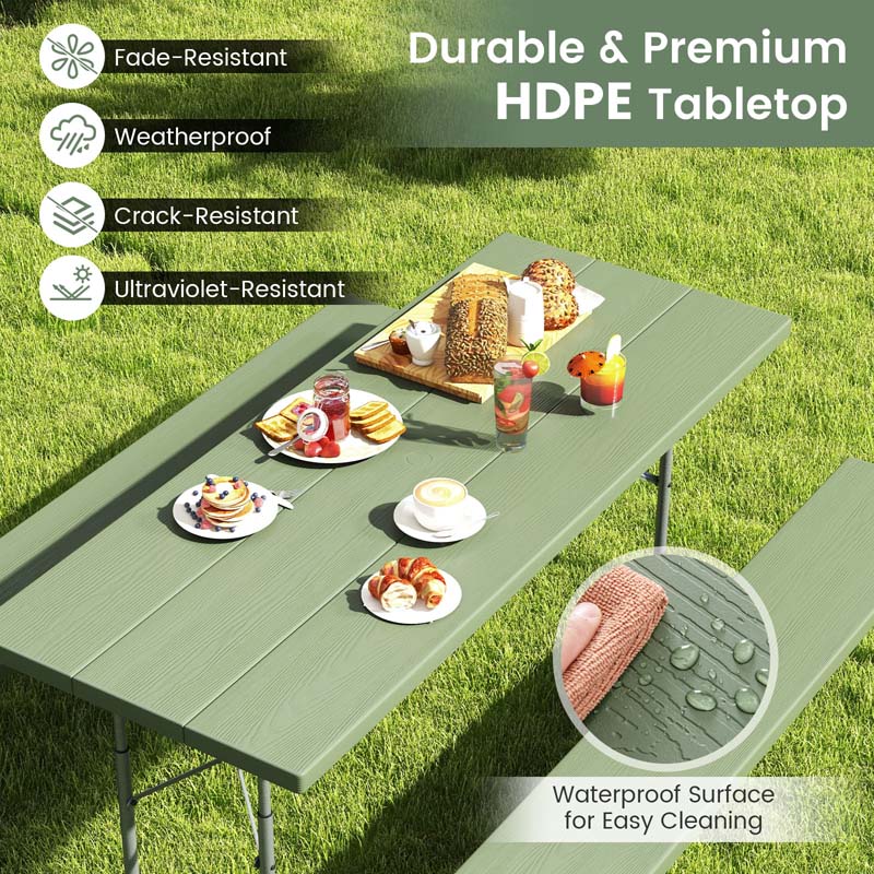 8 Person 6FT Folding Picnic Table Bench Set, All-Weather HDPE Outdoor Dining Table with Umbrella Hole & Heavy Duty Metal Frame for Patio Yard