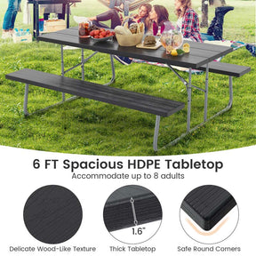8 Person 6FT Folding Picnic Table Bench Set, All-Weather HDPE Outdoor Dining Table with Umbrella Hole & Heavy Duty Metal Frame for Patio Yard