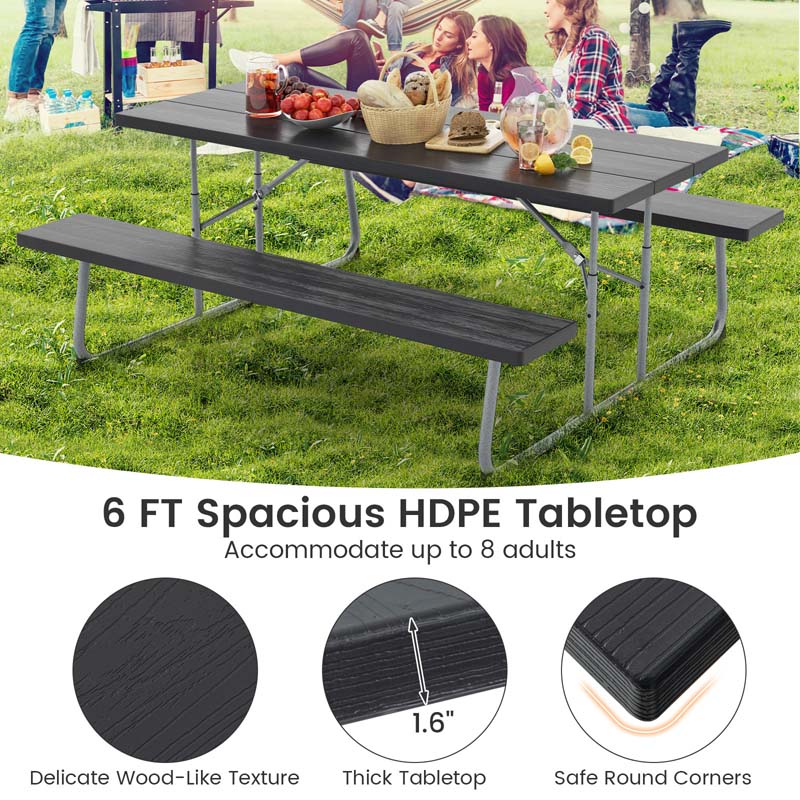 8 Person 6FT Folding Picnic Table Bench Set, All-Weather HDPE Outdoor Dining Table with Umbrella Hole & Heavy Duty Metal Frame for Patio Yard