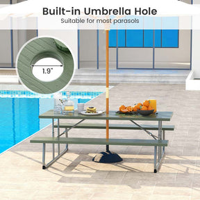 8 Person 6FT Folding Picnic Table Bench Set, All-Weather HDPE Outdoor Dining Table with Umbrella Hole & Heavy Duty Metal Frame for Patio Yard