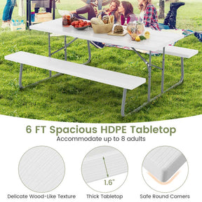 8 Person 6FT Folding Picnic Table Bench Set, All-Weather HDPE Outdoor Dining Table with Umbrella Hole & Heavy Duty Metal Frame for Patio Yard
