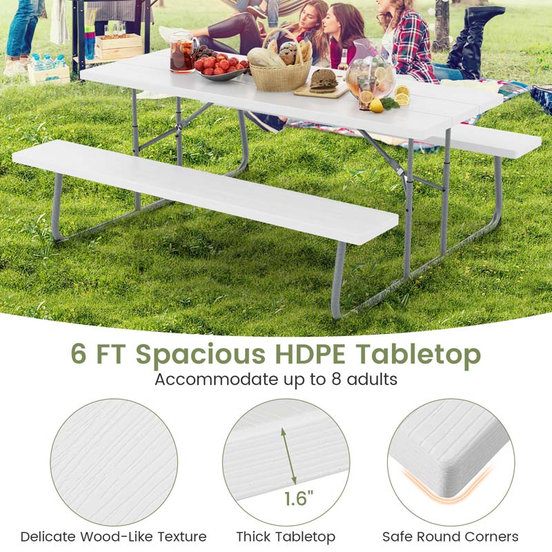 8 Person 6FT Folding Picnic Table Bench Set, All-Weather HDPE Outdoor Dining Table with Umbrella Hole & Heavy Duty Metal Frame for Patio Yard
