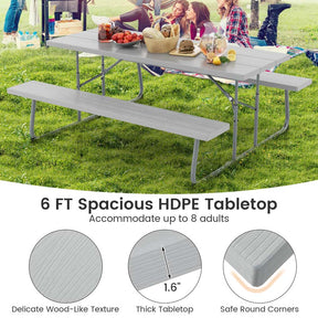 8 Person 6FT Folding Picnic Table Bench Set, All-Weather HDPE Outdoor Dining Table with Umbrella Hole & Heavy Duty Metal Frame for Patio Yard