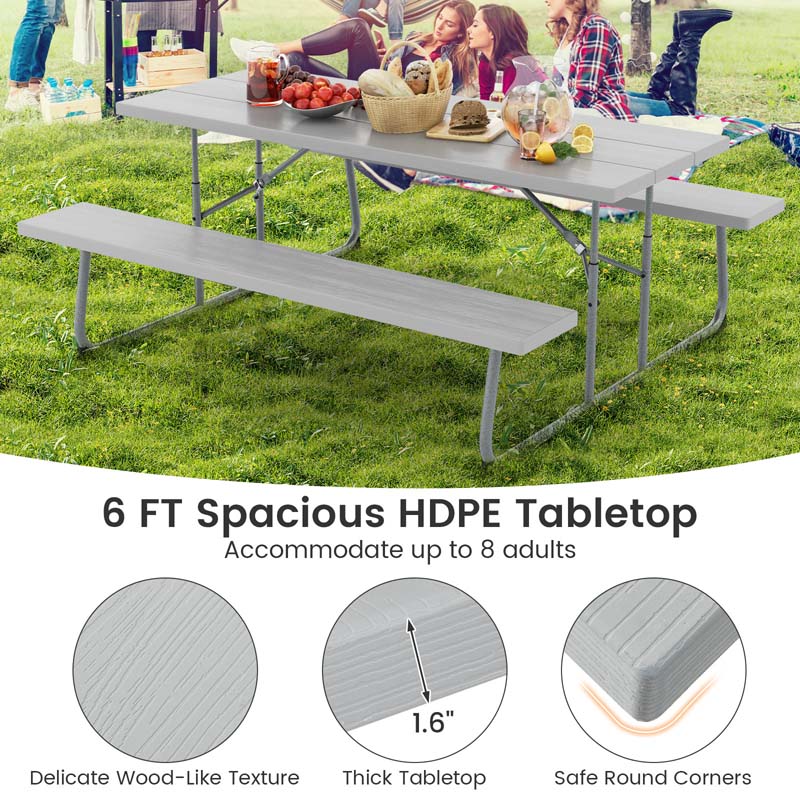 8 Person 6FT Folding Picnic Table Bench Set, All-Weather HDPE Outdoor Dining Table with Umbrella Hole & Heavy Duty Metal Frame for Patio Yard