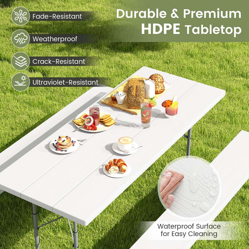 8 Person 6FT Folding Picnic Table Bench Set, All-Weather HDPE Outdoor Dining Table with Umbrella Hole & Heavy Duty Metal Frame for Patio Yard