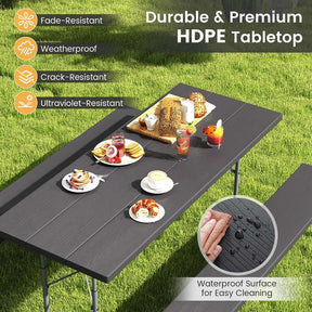 8 Person 6FT Folding Picnic Table Bench Set, All-Weather HDPE Outdoor Dining Table with Umbrella Hole & Heavy Duty Metal Frame for Patio Yard