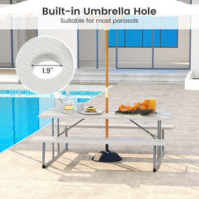 8 Person 6FT Folding Picnic Table Bench Set, All-Weather HDPE Outdoor Dining Table with Umbrella Hole & Heavy Duty Metal Frame for Patio Yard