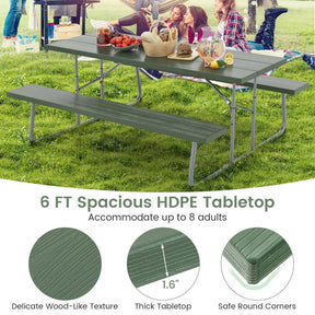 8 Person 6FT Folding Picnic Table Bench Set, All-Weather HDPE Outdoor Dining Table with Umbrella Hole & Heavy Duty Metal Frame for Patio Yard