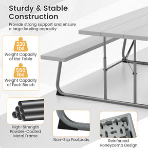 8 Person 6FT Folding Picnic Table Bench Set, All-Weather HDPE Outdoor Dining Table with Umbrella Hole & Heavy Duty Metal Frame for Patio Yard