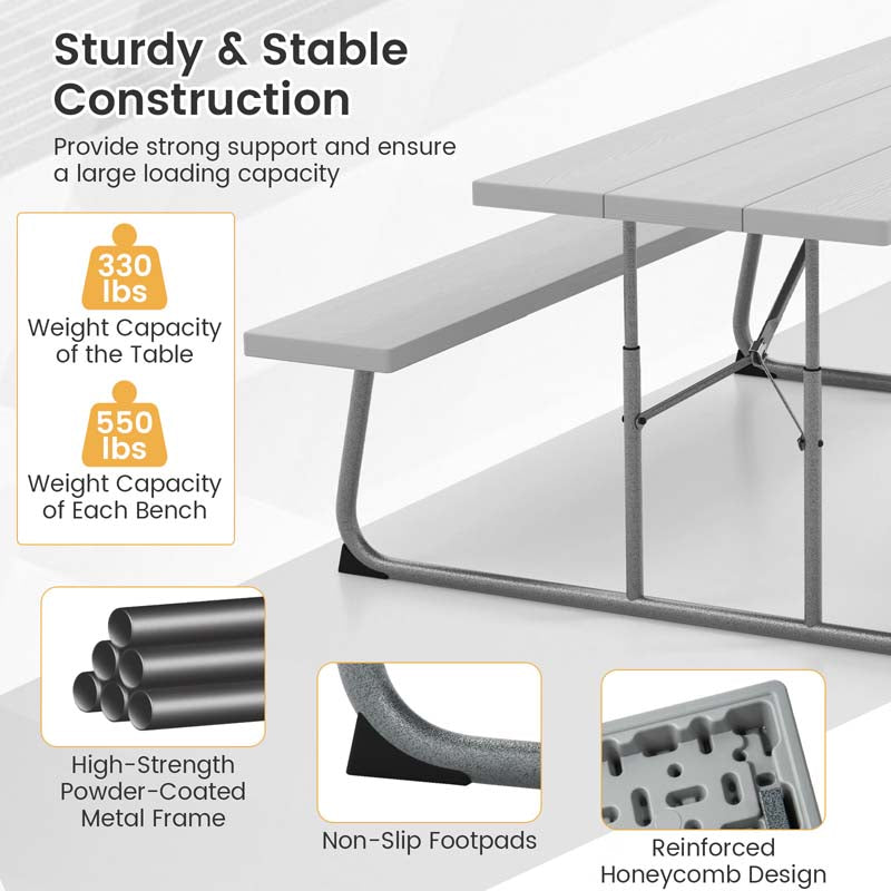 8 Person 6FT Folding Picnic Table Bench Set, All-Weather HDPE Outdoor Dining Table with Umbrella Hole & Heavy Duty Metal Frame for Patio Yard
