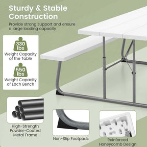 8 Person 6FT Folding Picnic Table Bench Set, All-Weather HDPE Outdoor Dining Table with Umbrella Hole & Heavy Duty Metal Frame for Patio Yard