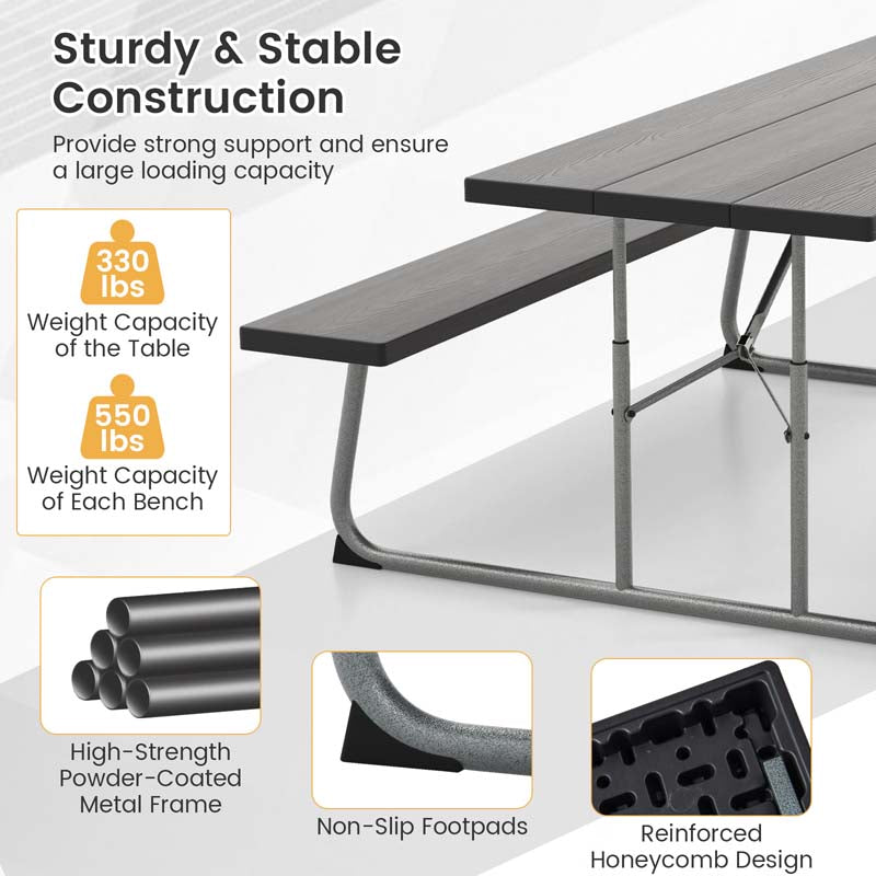 8 Person 6FT Folding Picnic Table Bench Set, All-Weather HDPE Outdoor Dining Table with Umbrella Hole & Heavy Duty Metal Frame for Patio Yard