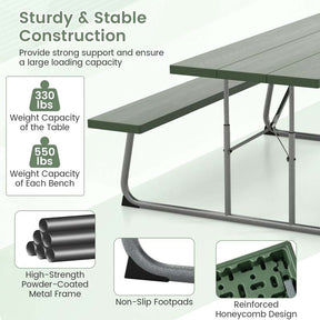 8 Person 6FT Folding Picnic Table Bench Set, All-Weather HDPE Outdoor Dining Table with Umbrella Hole & Heavy Duty Metal Frame for Patio Yard