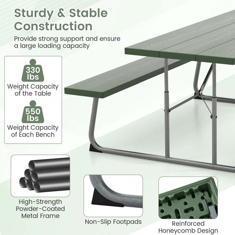 8 Person 6FT Folding Picnic Table Bench Set, All-Weather HDPE Outdoor Dining Table with Umbrella Hole & Heavy Duty Metal Frame for Patio Yard