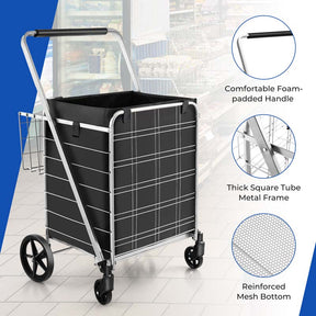 27.5 Gallon Jumbo Folding Shopping Cart with Waterproof Liner & Double Basket, Heavy Duty Portable Utility Cart for Grocery Market Laundry