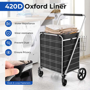27.5 Gallon Jumbo Folding Shopping Cart with Waterproof Liner & Double Basket, Heavy Duty Portable Utility Cart for Grocery Market Laundry