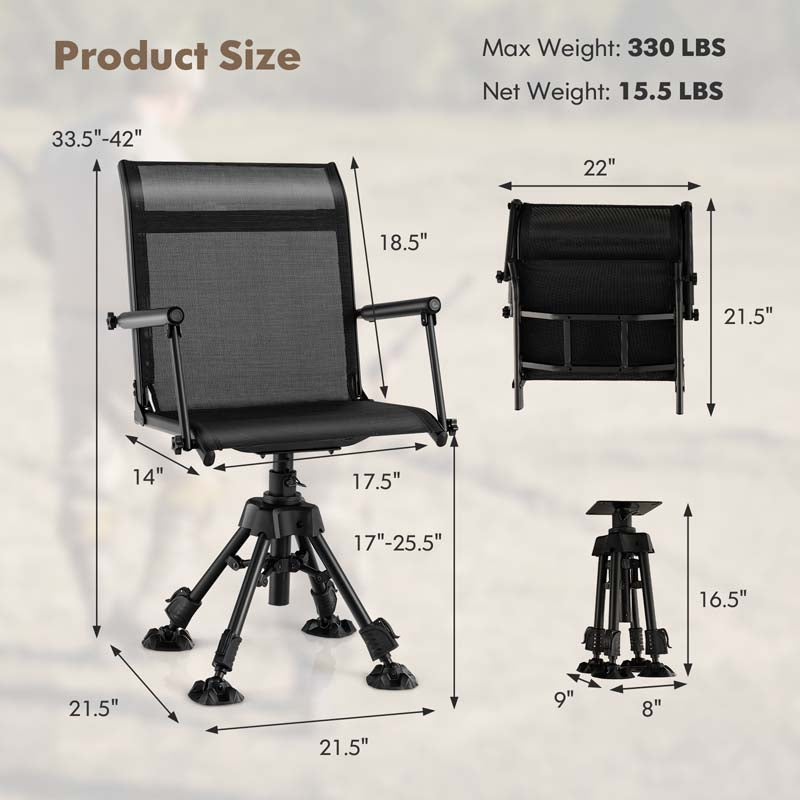 360° Silent Swivel Folding Hunting Blind Chair for Shooting Fishing, Portable Sniper Seat with 4 Adjustable Legs, All-Terrain Foot Pads