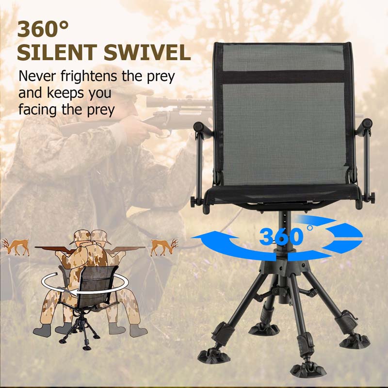 360° Silent Swivel Folding Hunting Blind Chair for Shooting Fishing, Portable Sniper Seat with 4 Adjustable Legs, All-Terrain Foot Pads