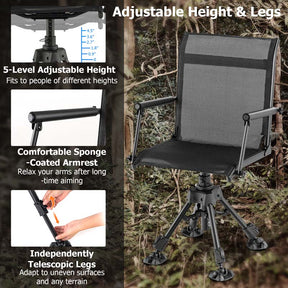 360° Silent Swivel Folding Hunting Blind Chair for Shooting Fishing, Portable Sniper Seat with 4 Adjustable Legs, All-Terrain Foot Pads