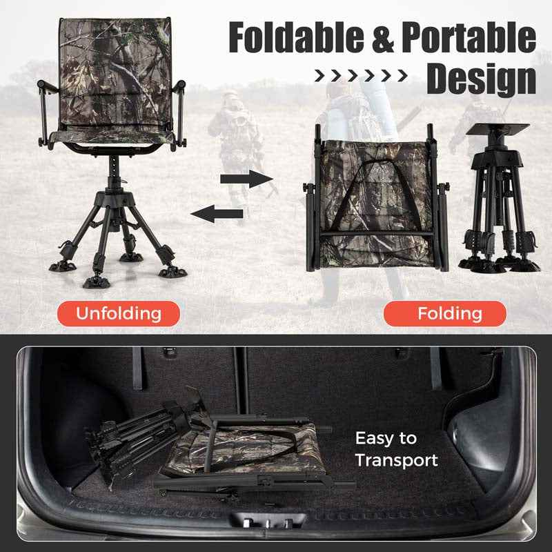 360° Silent Swivel Folding Hunting Blind Chair for Shooting Fishing, Portable Sniper Seat with 4 Adjustable Legs, All-Terrain Foot Pads